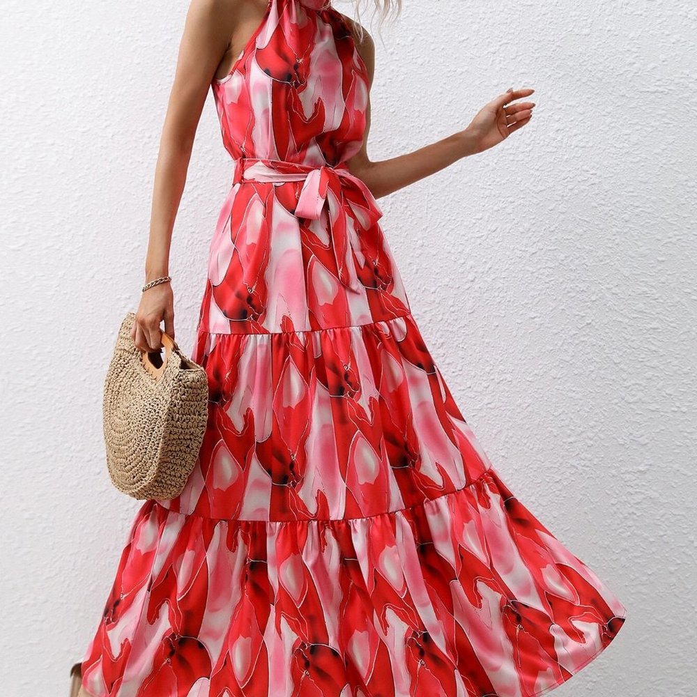 Red Preppy Womens Allover Print Ruffle Hem Belted Halter Dress - Picture 3 of 5